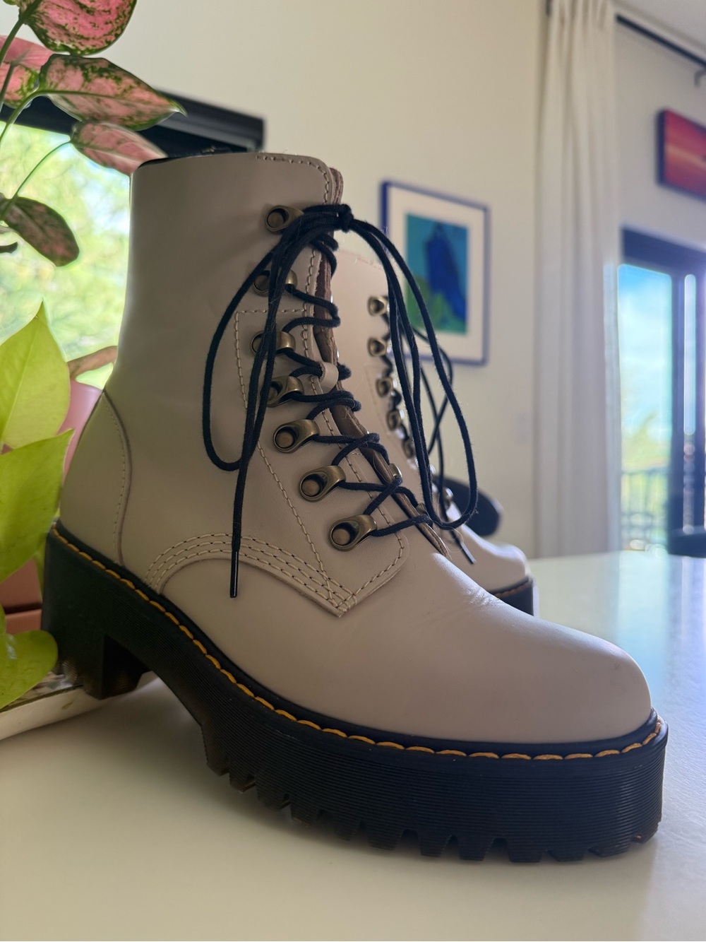 Dr. Martens Cream Lace-Up Platform Ankle Boots